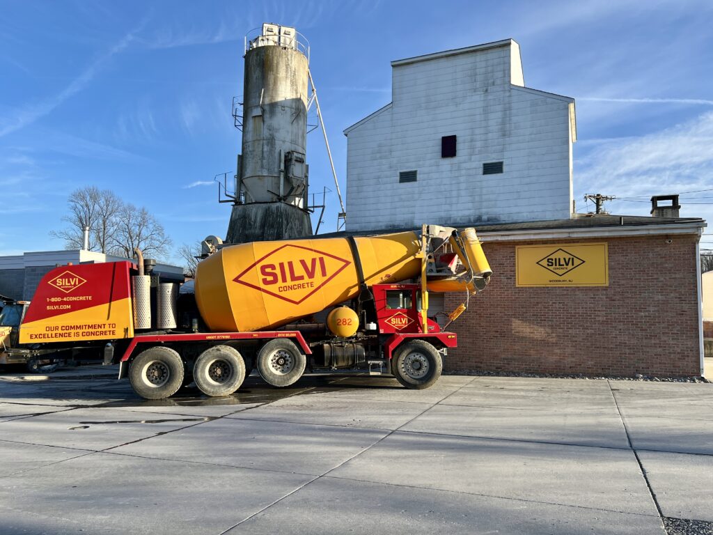 A Silvi concrete truck parked in front of the ready-mix concrete plant in Woodbury, NJ.