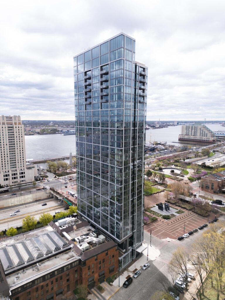 A done picture of The Ryland, a residential high-rise in Philadelphia, PA.