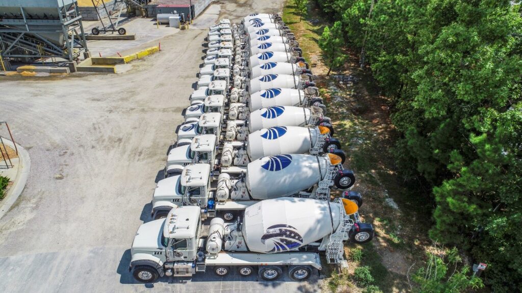A picture of a portion of Eagle Rock Concrete's concrete mixer truck fleet. 