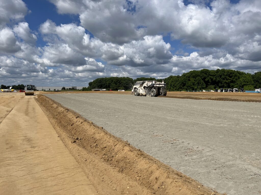 A jobsite undergoing the cement soil stabilization treatment process.