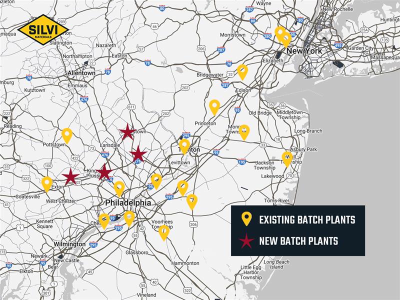 A map of Silvi Materials' ready-mix plants, highlighting the company's new plants acquired from Heritage Concrete.