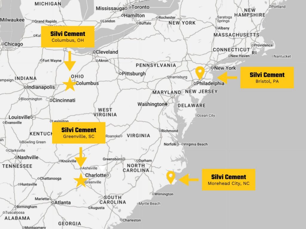 Map showing Silvi Cement terminal locations in Bristol, Pennsylvania; Morehead City, North Carolina; Greenville, South Carolina; and Columbus, Ohio.