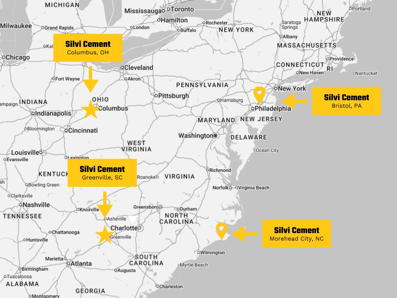 Map showing Silvi Cement terminal locations in Bristol, Pennsylvania; Morehead City, North Carolina; Greenville, South Carolina; and Columbus, Ohio.