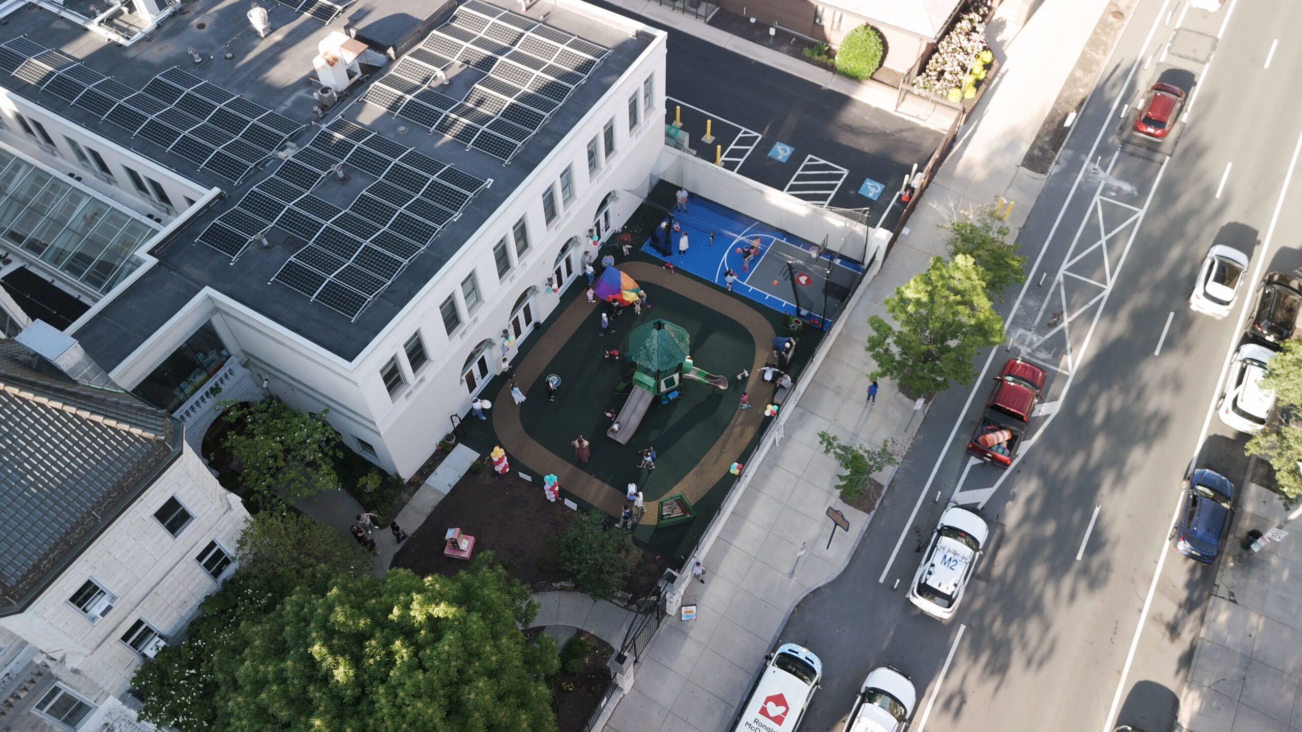 Aerial view of the completed playground and basketball court at Ronald McDonald House Philadelphia’s Chestnut Street House in West Philadelphia.